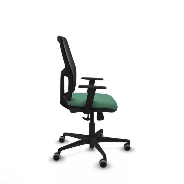 Chaise Alfera Synchro 4 positions tissu Vert émeraude Maille Noir Base en nylon noir Accoudoir 1D Sans appui-tête Roulettes 65mm pour moquette