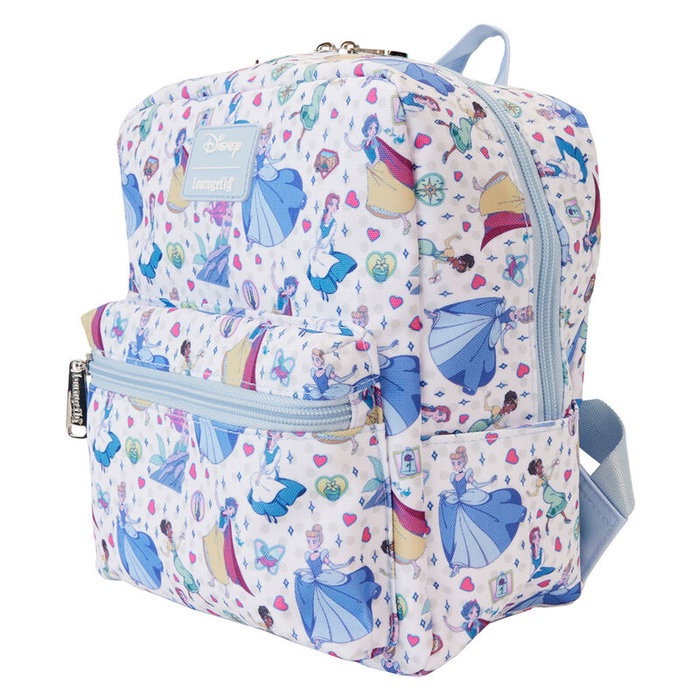 LOUNGEFLY Mini Sac à Dos Nylon 24cm Design Manga - Princesses Disney, Tirants Réglables, Poches Latérales, Fermoirs Métalliques