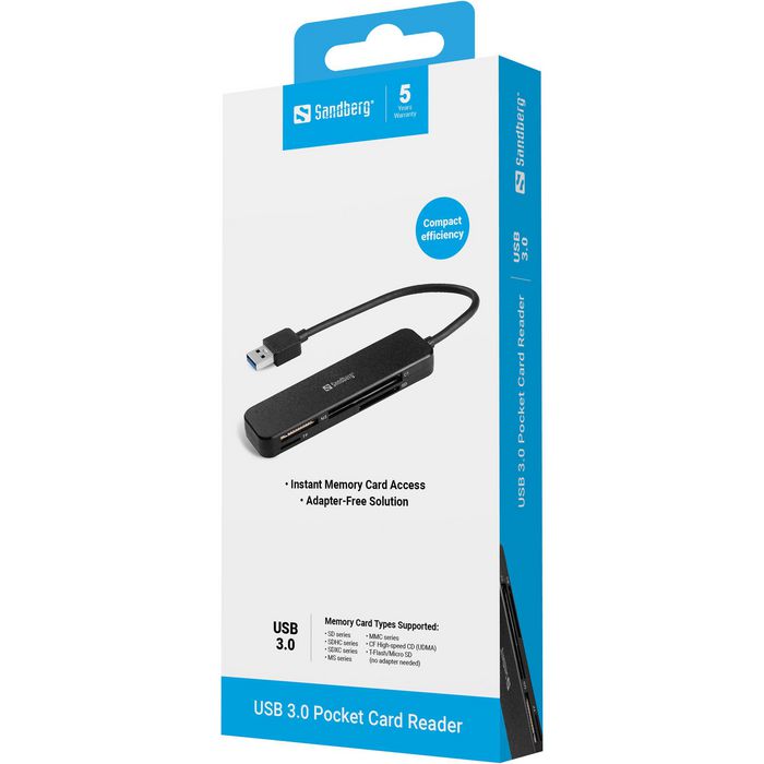 Sandberg - Lecteur de cartes mémoire portable USB 3.0 - Plug and Play - Solution rapide et sans adaptateur pour transfert de photos, vidéos et fichiers