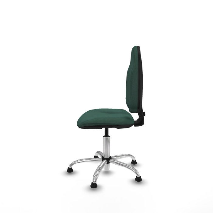 Chaise de bureau Algarra avec mécanisme de contact permanent de base, recouverte de tissu vert bouteille. Équipée d'une base chromée, sans accoudoirs et avec butées