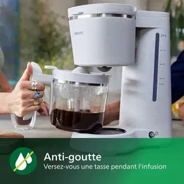 Philips HD5120/00 Cafetière filtre 1.2L 1000W Éco-conçue avec plastique biosourcé, fonction maintien au chaud et verseuse anti-goutte - Blanc mat