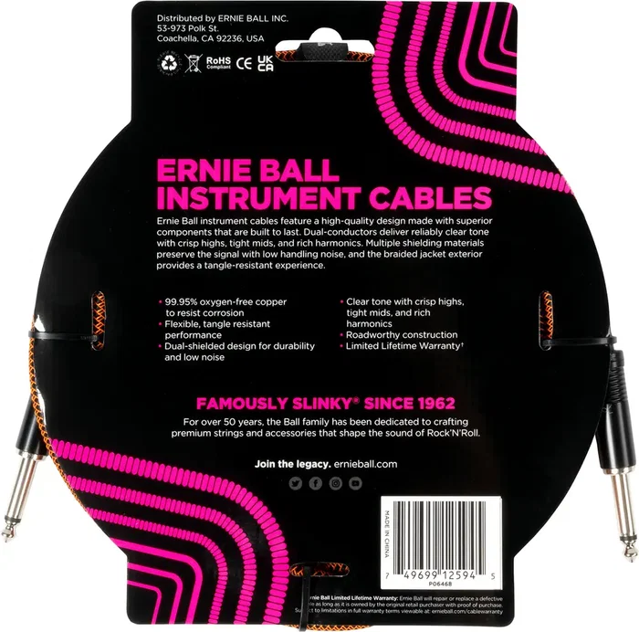 Ernieball Câble Instrument Jack-Jack SS 3 m Tressé Orange/Noir - Haute Fidélité