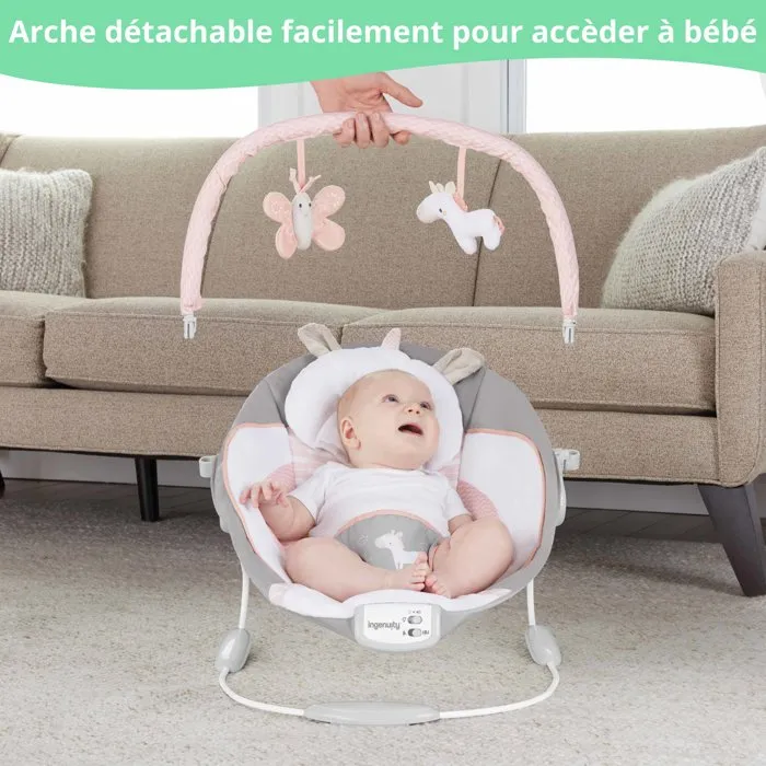 Ingenuity - Transat pour bébé Flora - Arche d'éveil avec jouets amovibles, 8 mélodies et vibrations, siège bercant, peluche Ingenuity - Transat pour bébé Flora - Arche d'éveil avec jouets amovibles, 8 mélodies et vibrations, siège bercant, peluche