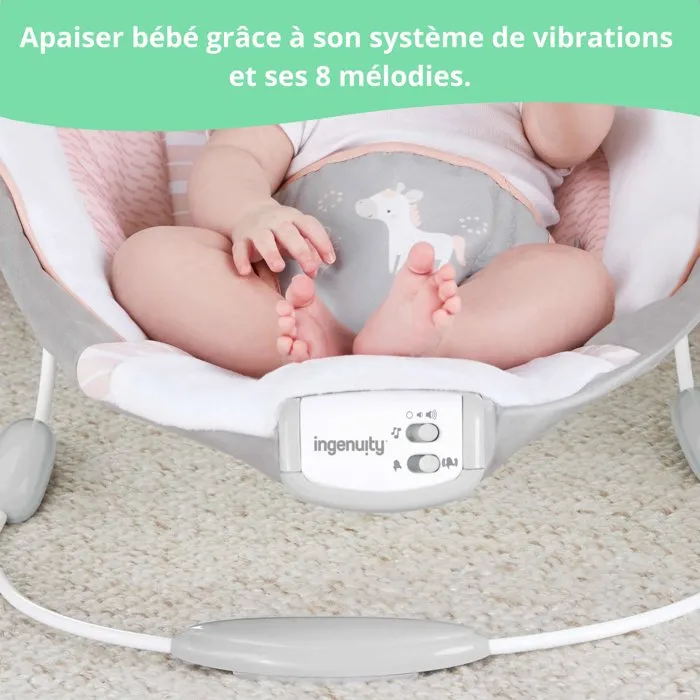 Ingenuity - Transat pour bébé Flora - Arche d'éveil avec jouets amovibles, 8 mélodies et vibrations, siège bercant, peluche Ingenuity - Transat pour bébé Flora - Arche d'éveil avec jouets amovibles, 8 mélodies et vibrations, siège bercant, peluche