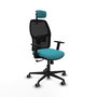 Chaise Alfera Synchro 4 positions tissu Turquoise Maille Noir Base en nylon noir Accoudoir 1D Appui-tête 2D Roulettes 65mm pour moquette