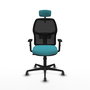 Chaise Alfera Synchro 4 positions tissu Turquoise Maille Noir Base en nylon noir Accoudoir 1D Appui-tête 2D Roulettes 65mm pour moquette