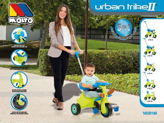 Molto Triciclo Urban Trike City Vert - Tricycle 5 en 1 pour Enfant (89 cm, Dès 10 Mois) en Métal et Plastique