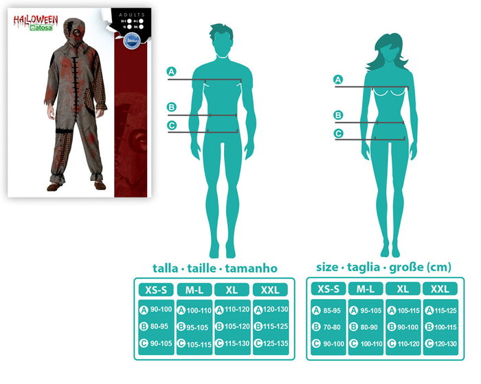 Déguisement Homme Adulte Muñeco Vudú Gris avec Masque Fermé et Combinaison Taille XL - Costume d'Halloween Effrayant
