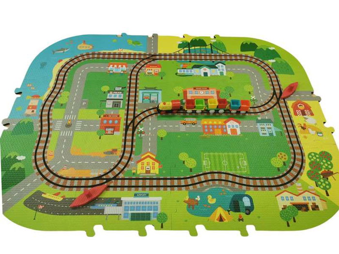 CEFA - Tapis de jeu en mousse Circuit de train City Adventures avec train à piles et accessoires, 59 pièces - Jeu d'imagination pour enfants dès 3 ans
