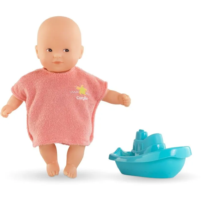 Corolle Poupon Mini Bain 20 cm avec cape et bateau, idéal pour le bain ou la piscine dès 18 mois