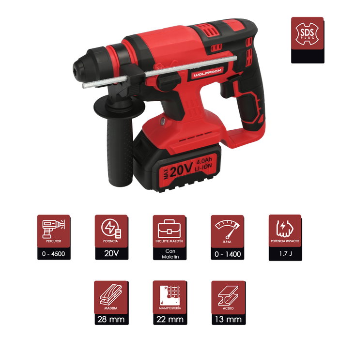 Wolfpack Linea Profesional Marteau perforateur SDS Plus 20V 4Ah avec maletín