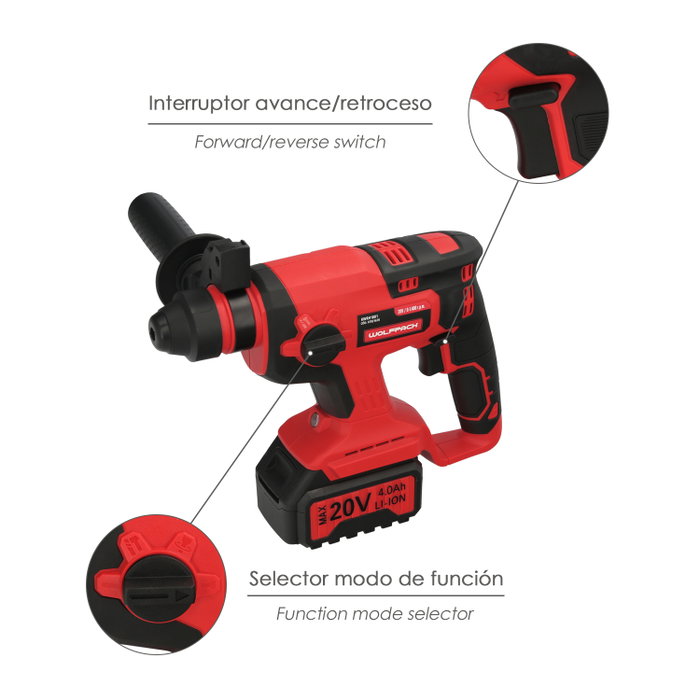 Wolfpack Linea Profesional Marteau perforateur SDS Plus 20V 4Ah avec maletín