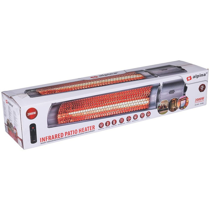 Alpina Estufa de Cuarzo Murale pour Extérieur 2000W avec Télécommande IP55 – Surface chauffage 12-18 m² – 67,5 x 10,5 x 7,5 cm Alpina Estufa de Cuarzo Murale pour Extérieur 2000W avec Télécommande IP55 – Surface chauffage 12-18 m² – 67,5 x 10,5 x 7,5 cm