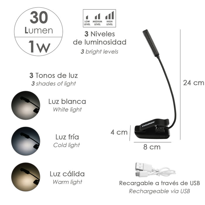 MAURER Lampe LED de table rechargeable avec clip, 3 tons et 3 niveaux de luminosité