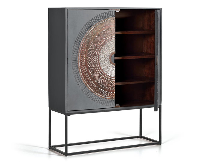 Giner y Colomer Buffet Vitrine en Bois de Mango et Métal 2 Portes avec 3 Étagères - Patins Gris et Marron 142x107x40 cm