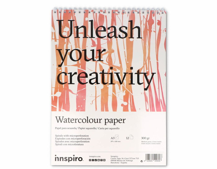 Innspiro Bloc de papier aquarelle A3, 12 pages, 300g, grain moyen Innspiro Bloc de papier aquarelle A3, 12 pages, 300g, grain moyen