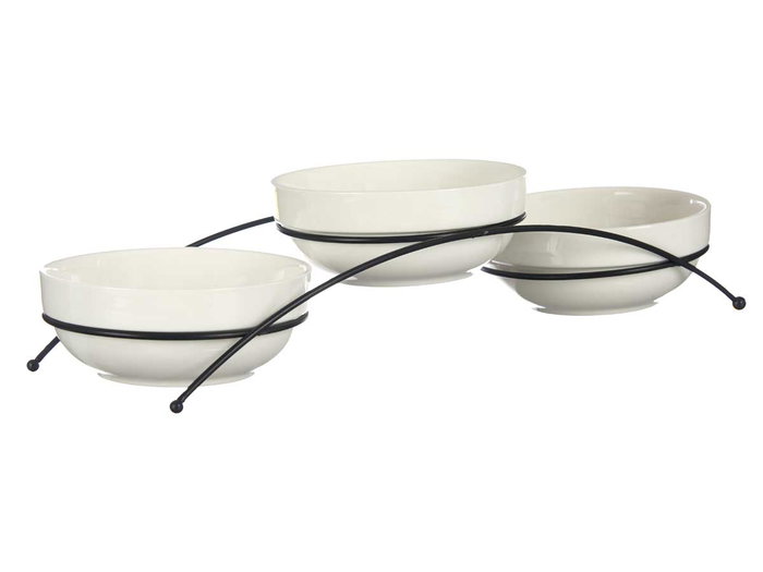 Vessia Set de 3 Bols en Porcelaine Blanche 350 ml avec Support 38x13x8 cm Lavable au Lave-vaisselle et Micro-ondes (Set de 12)