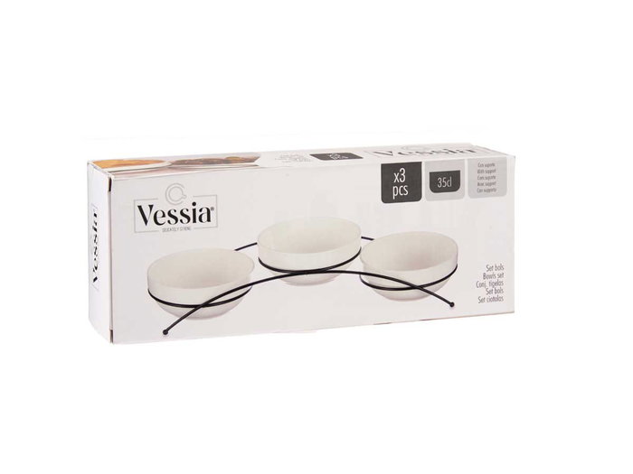 Vessia Set de 3 Bols en Porcelaine Blanche 350 ml avec Support 38x13x8 cm Lavable au Lave-vaisselle et Micro-ondes (Set de 12)