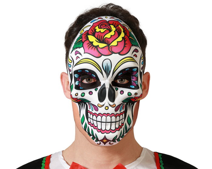 Atosa Masque Calavera Multicolore avec Rose Jaune et Détails Floraux pour le Jour des Morts Atosa Masque Calavera Multicolore avec Rose Jaune et Détails Floraux pour le Jour des Morts