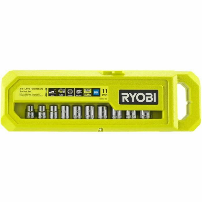 Ryobi Coffret de clé à cliquet 90 dents et 10 douilles 3/8'' RHRS11PC Ryobi Coffret de clé à cliquet 90 dents et 10 douilles 3/8'' RHRS11PC