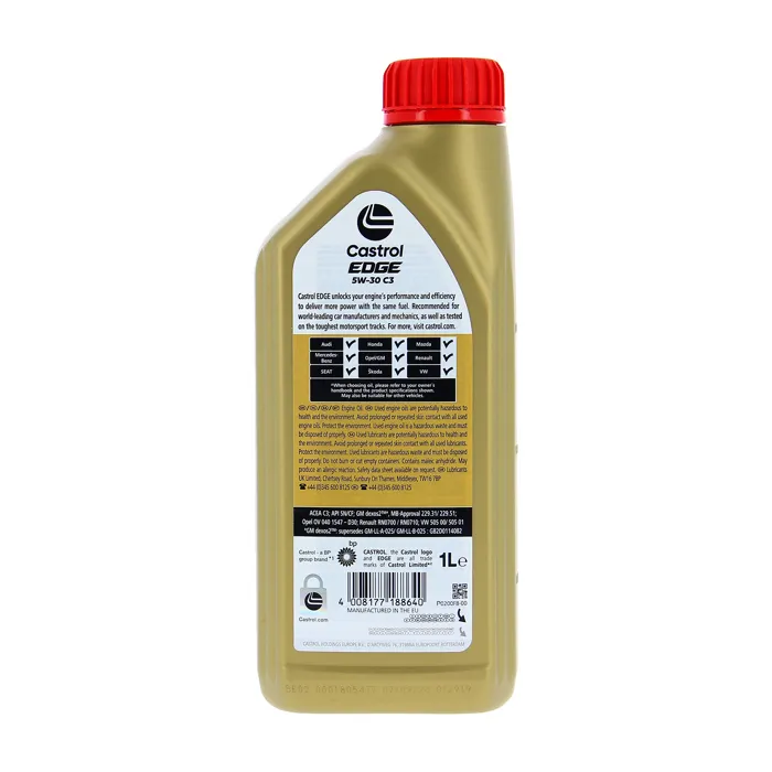 Castrol EDGE 5W-30 C3 - Huile moteur synthétique - 1L - Normes ACEA C3, API SN/CF, dexos2, MB 229.51, VW 505.00 Castrol EDGE 5W-30 C3 - Huile moteur synthétique - 1L - Normes ACEA C3, API SN/CF, dexos2, MB 229.51, VW 505.00