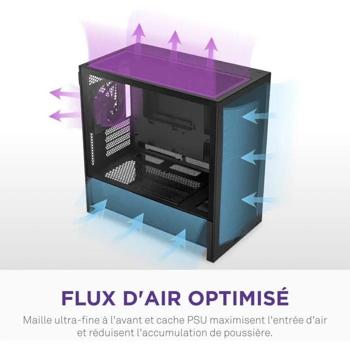 NZXT H3 Flow (CC-H31FB-01) - Boîtier PC moyen-tour Micro-ATX Noir avec excellente aération, support pour grand GPU et radiateur 280 mm