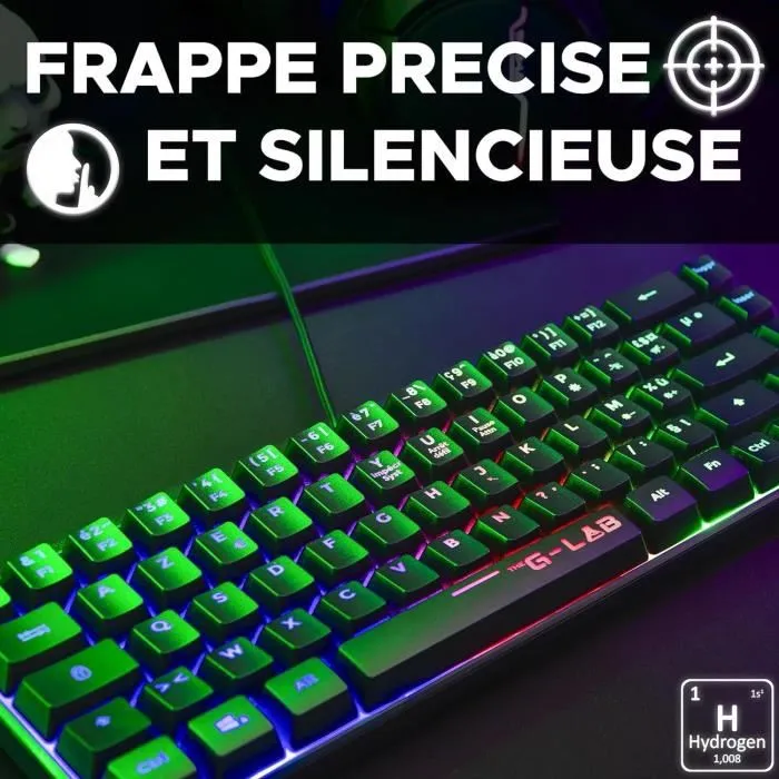 Clavier Gamer The G-Lab KEYZ HYDROGEN FR - Clavier Filaire Compact 60% - Rétroéclairage LED Arc-en-Ciel - Technologie Membrane Réactive et Silencieuse - Anti-Ghosting - Noir Clavier Gamer The G-Lab KEYZ HYDROGEN FR - Clavier Filaire Compact 60% - Rétroéclairage LED Arc-en-Ciel - Technologie Membrane Réactive et Silencieuse - Anti-Ghosting - Noir