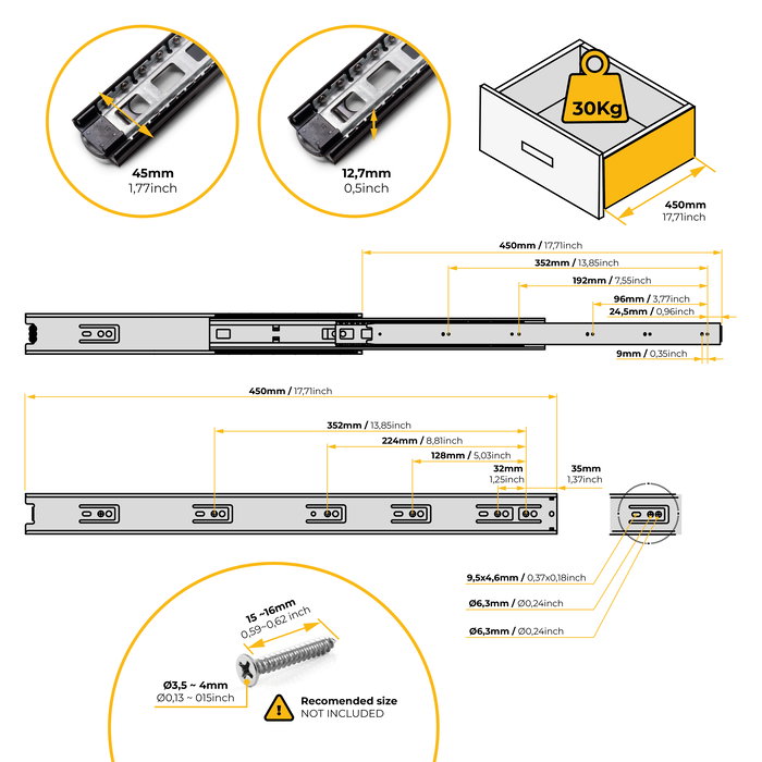 Emuca Lot de 5 jeux de Coulisses pour tiroirs, roulement à billes, hauteur 45mm, profondeur 450mm, sortie totale, Noir Emuca Lot de 5 jeux de Coulisses pour tiroirs, roulement à billes, hauteur 45mm, profondeur 450mm, sortie totale, Noir