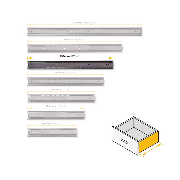 Emuca Lot de 5 jeux de Coulisses pour tiroirs, roulement à billes, hauteur 45mm, profondeur 450mm, sortie totale, Noir Emuca Lot de 5 jeux de Coulisses pour tiroirs, roulement à billes, hauteur 45mm, profondeur 450mm, sortie totale, Noir