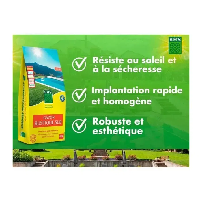 BHS Semence de gazon rustique - 10 kg - Pour jardin traditionnel, implantation rapide et homogène, enrichie en engrais