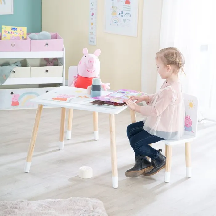 ROBA Set Table et 2 Chaises pour Enfant Peppa Pig - Pieds en Bois Massif, Plateau MDF - Blanc, Rose, Naturel - Pour Enfants de 18 Mois à 10 Ans
