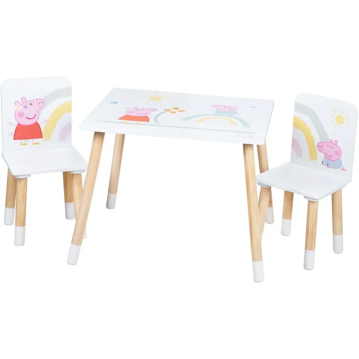 ROBA Set Table et 2 Chaises pour Enfant Peppa Pig - Pieds en Bois Massif, Plateau MDF - Blanc, Rose, Naturel - Pour Enfants de 18 Mois à 10 Ans