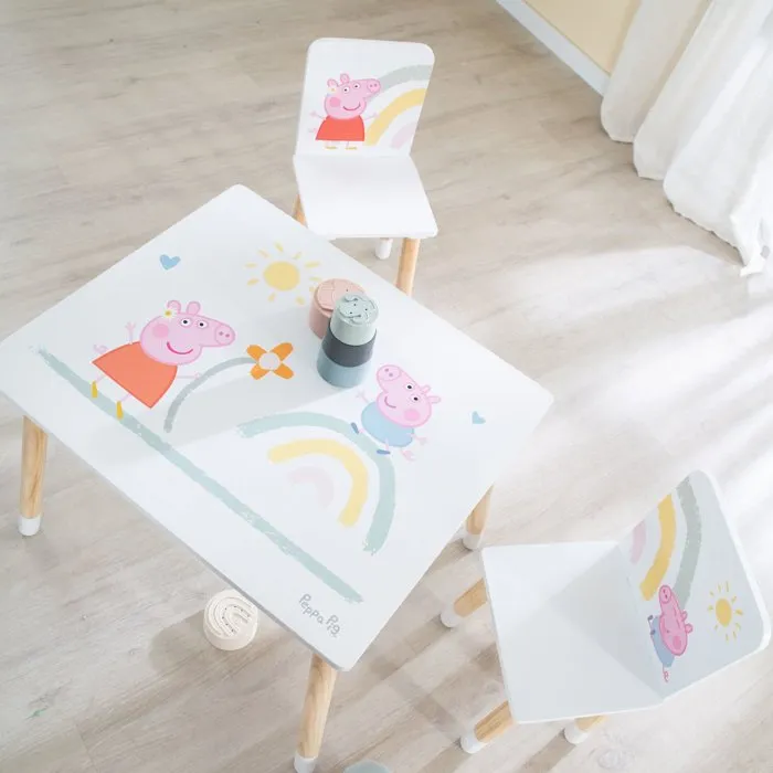 ROBA Set Table et 2 Chaises pour Enfant Peppa Pig - Pieds en Bois Massif, Plateau MDF - Blanc, Rose, Naturel - Pour Enfants de 18 Mois à 10 Ans