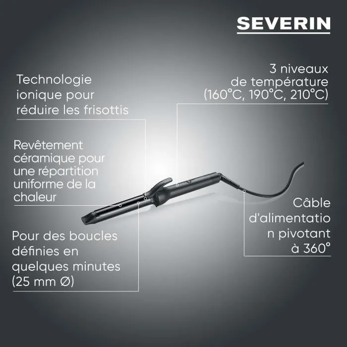 Severin LG 0822 Fer à Boucler Céramique 25 mm avec Technologie Ionique - 3 Températures (160/190/210 °C) - 1600 W - Câble Rotatif 360° - Noir