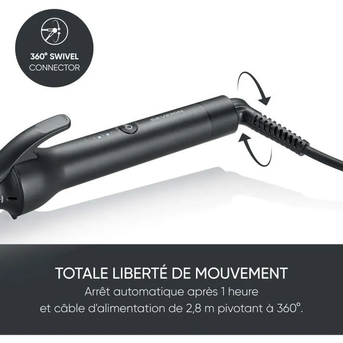 Severin LG 0822 Fer à Boucler Céramique 25 mm avec Technologie Ionique - 3 Températures (160/190/210 °C) - 1600 W - Câble Rotatif 360° - Noir