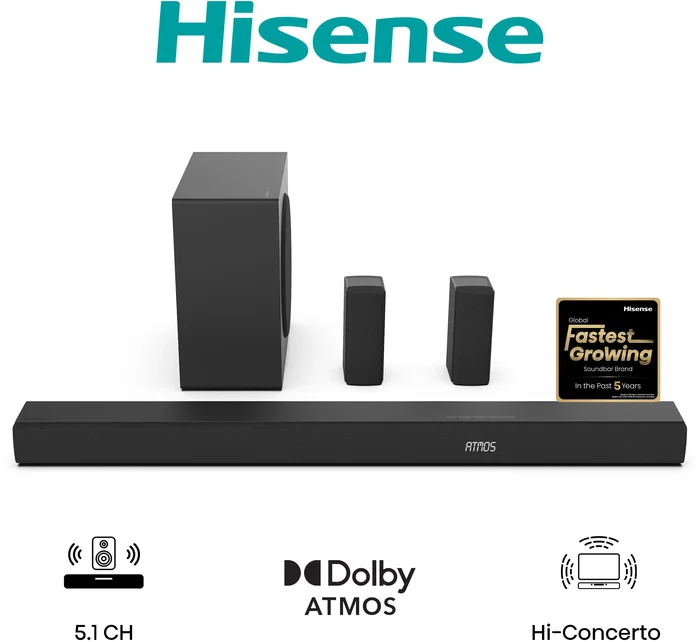 Hisense AX5100Q - Barre de son 5.1.2 canaux avec Dolby Atmos, DTS:X, caisson de basses et enceintes arrière sans fil, 340W, connexion HDMI ARC et Bluetooth