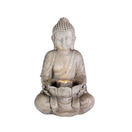 Lumineo Fontaine de jardin en céramique grise modèle Bouddha avec lumière LED chaude 28 x 29,5 x 45 cm