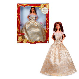 Barbie Muñeca Holiday Morena JBH97 Mattel - Poupée avec certificat, cheveux bruns, robe dorée et argentée