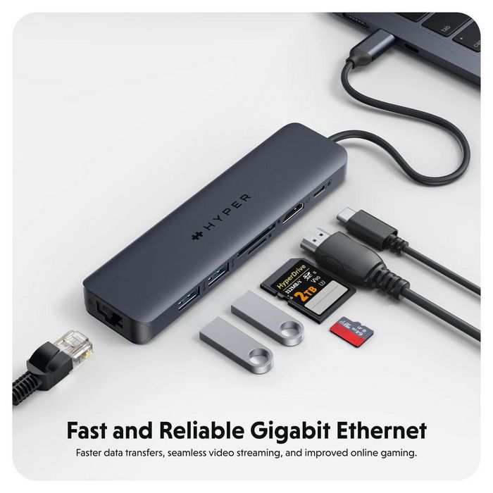 Hyper Hub USB-C 7 Ports - USB-C vers 2x USB-A, HDMI 4K 60Hz, Lecteurs SD/MicroSD 312 Mo/s, Ethernet Gigabit, Alimentation 100W PD 3.0