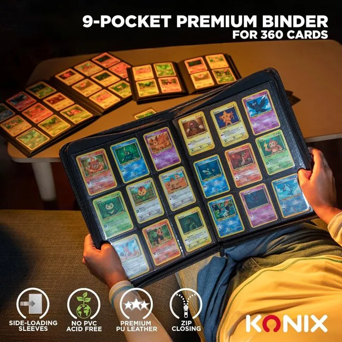 Konix Album Premium de collection - 360 cartes - 9 pochettes 63 x 88 mm par page - Pour Magic The Gathering, Pokémon, Yu-Gi-Oh! - Noir Konix Album Premium de collection - 360 cartes - 9 pochettes 63 x 88 mm par page - Pour Magic The Gathering, Pokémon, Yu-Gi-Oh! - Noir