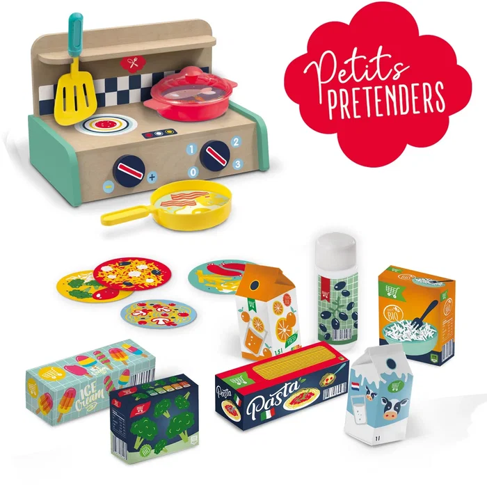 SES - Kit de jeu de cuisine Petits pretenders pour enfants 3 ans et plus, avec cuisine en bois, poêle, casserole et accessoires