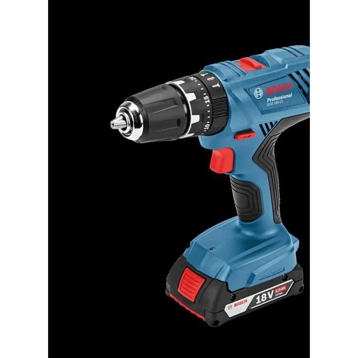 Bosch Professional Perceuse-Visseuse à Percussion Sans Fil GSB 18V-21 - 06019H1107 avec 2 Batteries 2,0Ah et Coffret LBOXX 35mm, Mandrin 13 mm sans Clé