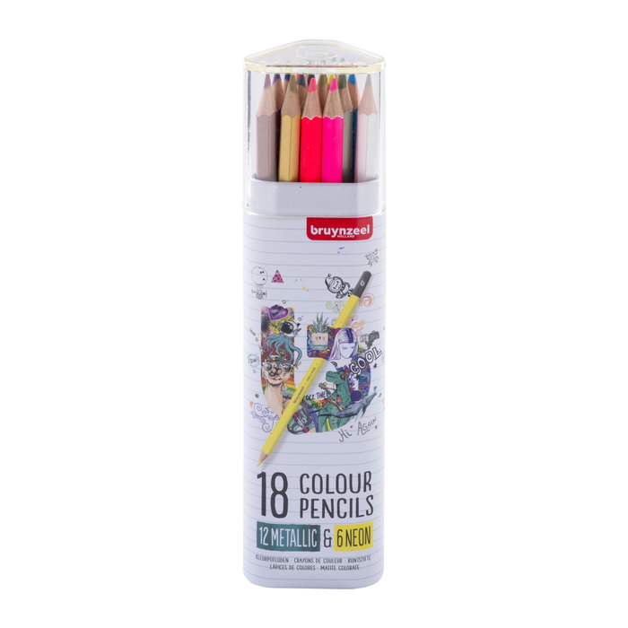 Bruynzeel Trousse métallique de crayons de couleur et néon, 18 couleurs Bruynzeel Trousse métallique de crayons de couleur et néon, 18 couleurs