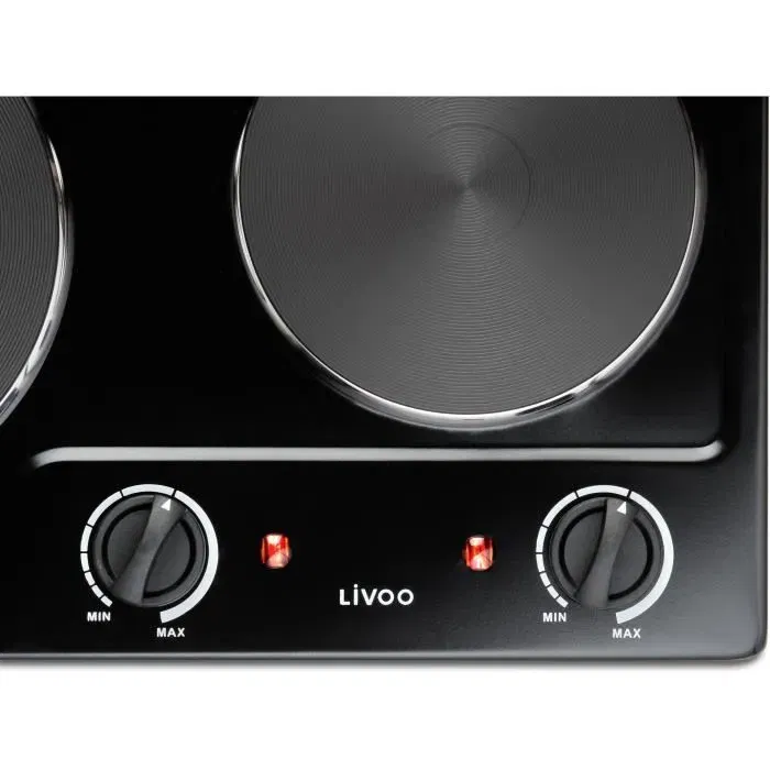 Livoo DOC168N - Plaque de cuisson électrique double encastrable, 2 foyers (15.5 et 18.5 cm), commandes frontales, 2500W, dimensions 45.5 x 26.5 cm
