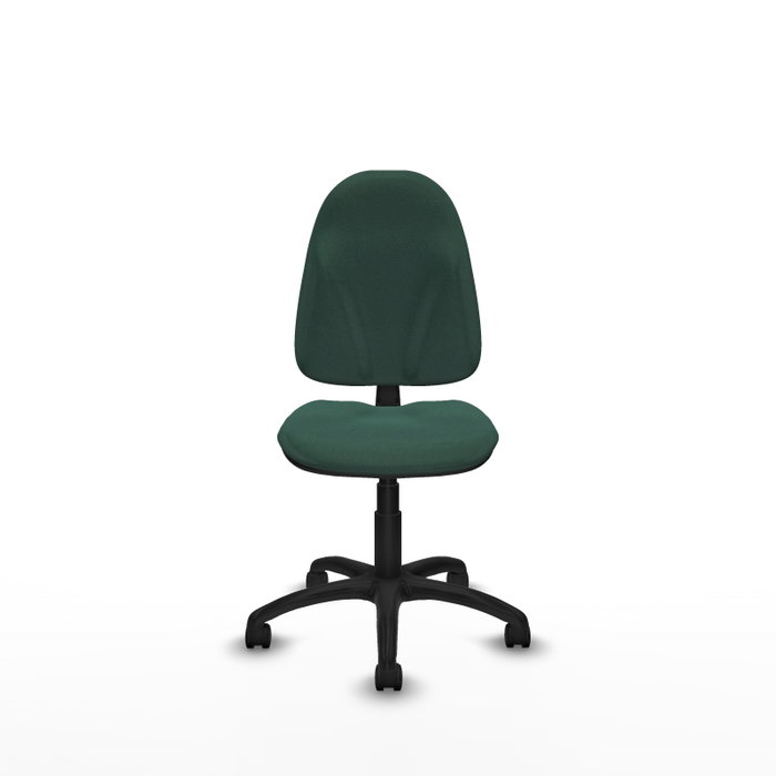 Chaise de bureau Algarra avec mécanisme de contact permanent de base, rembourrée de tissu vert bouteille. Équipée d'une base en polyamide noir, sans accoudoirs et de roulettes en nylon de 50 mm.
