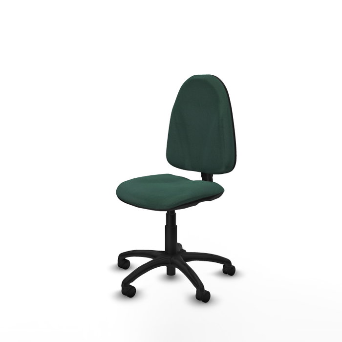 Chaise de bureau Algarra avec mécanisme de contact permanent de base, rembourrée de tissu vert bouteille. Équipée d'une base en polyamide noir, sans accoudoirs et de roulettes en nylon de 50 mm.