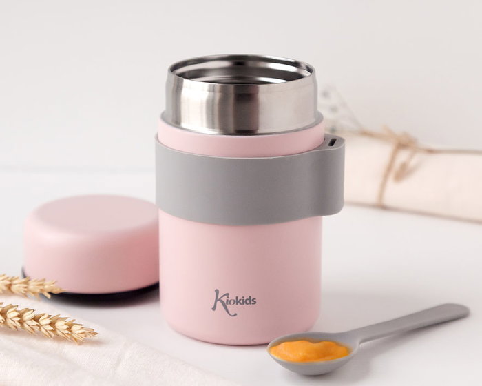 KioKids Thermos à bouillie et purée bébé en acier inoxidable 500 ml - Avec cuillère intégrée - Rose - Garde le chaud et le froid 12h
