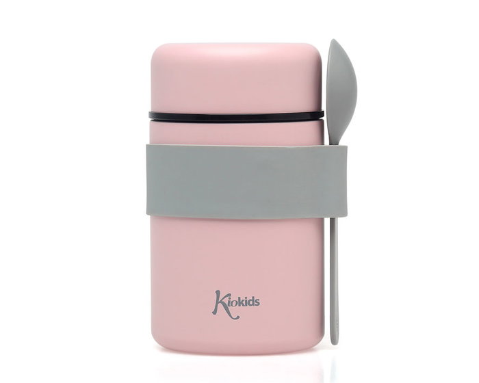 KioKids Thermos à bouillie et purée bébé en acier inoxidable 500 ml - Avec cuillère intégrée - Rose - Garde le chaud et le froid 12h