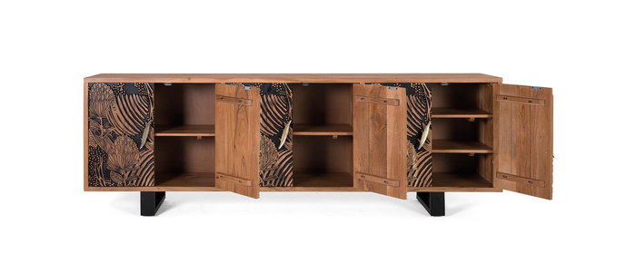 GINER Y COLOMER Buffet 6 portes en bois massif d'acacia couleur naturel et noir avec pattes métal - 220 x 74 x 42 cm