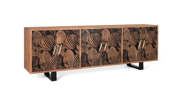 GINER Y COLOMER Buffet 6 portes en bois massif d'acacia couleur naturel et noir avec pattes métal - 220 x 74 x 42 cm